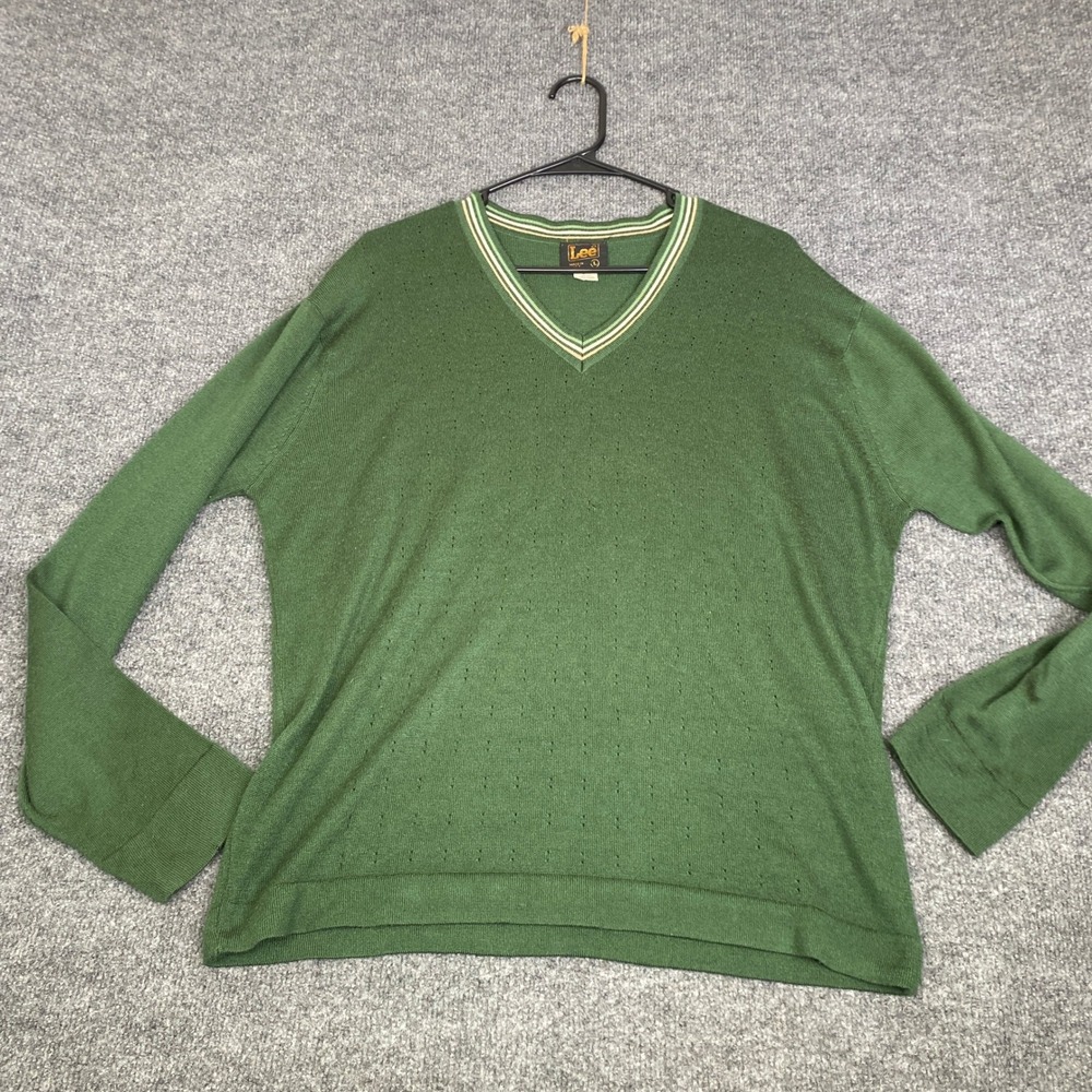 Vintage Lee Mens Green V-Neck Sweater Pointelle Knit Striped Trim Made in USA L